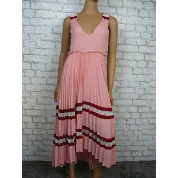 $570 Maje Pink Burgundy Lace Inset Vneck Ritello Accordion Pleat Maxi 1 NWT - Picture 2 of 9